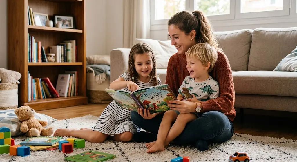 Babysitter reading a picture book with two children on the living room rug