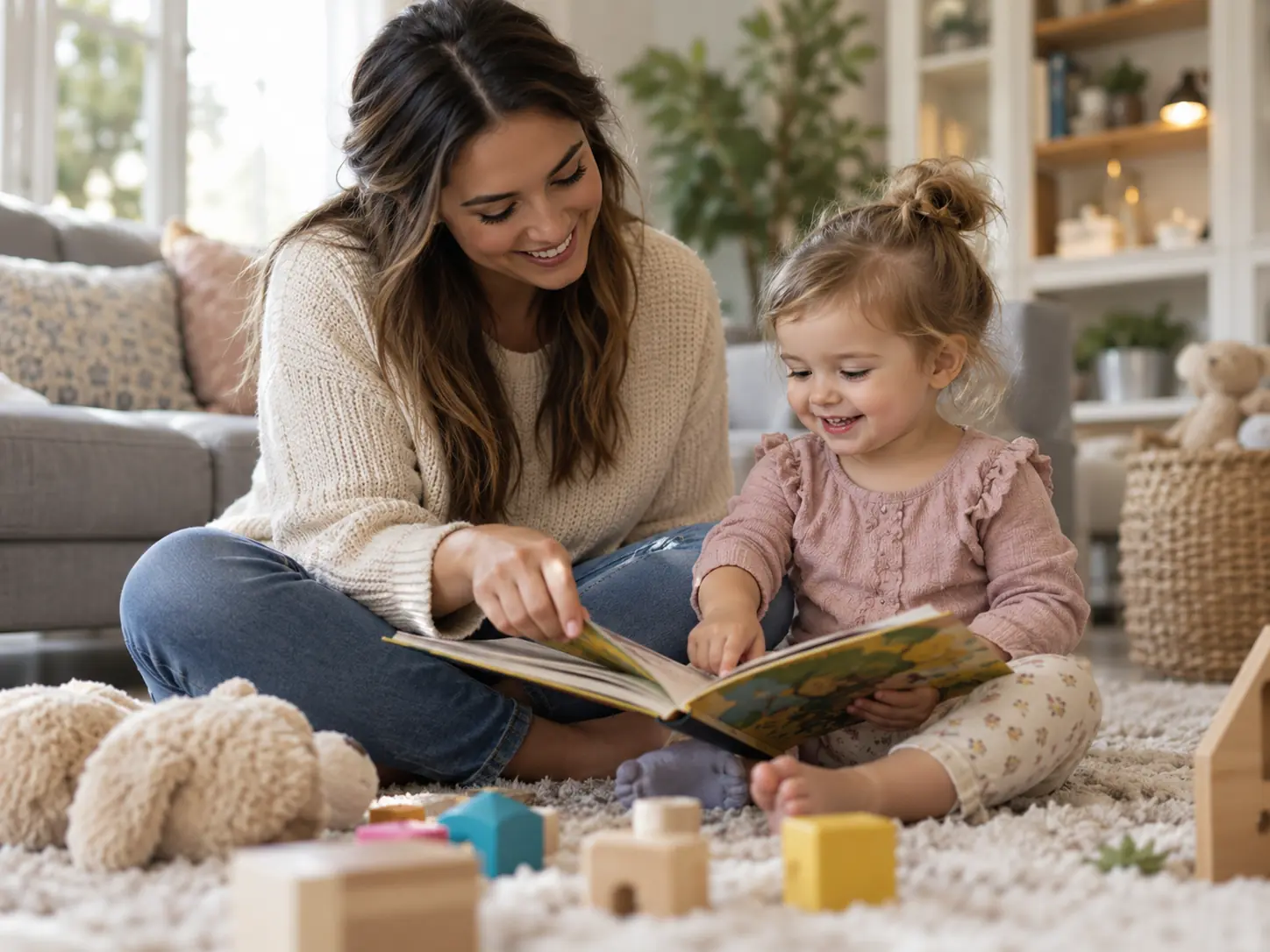 Babysitter reading a picture book with a toddler on the living room rug