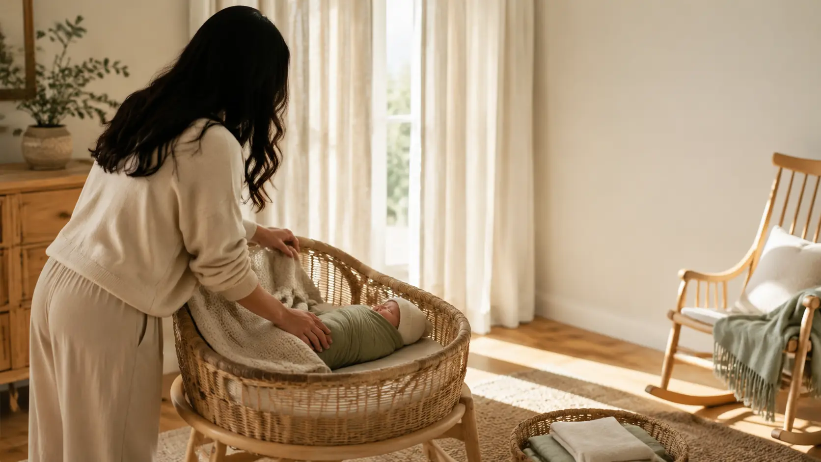 Doula settling a newborn into a woven bassinet