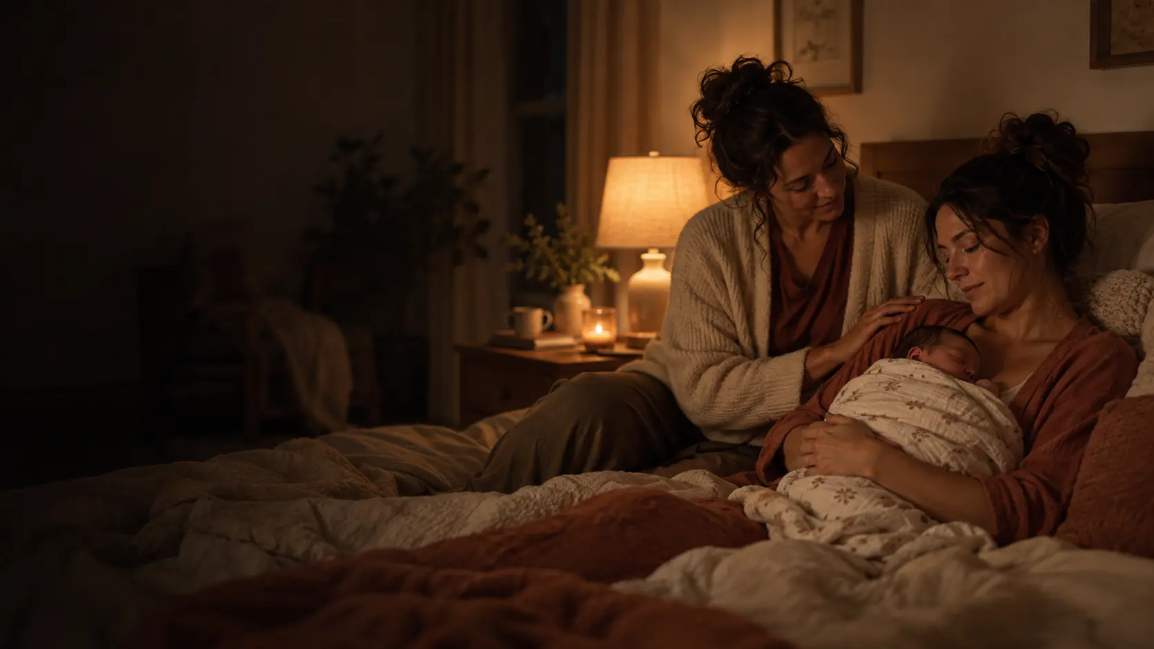 Doula comforting a new mother as she holds her newborn in a lamp-lit bedroom