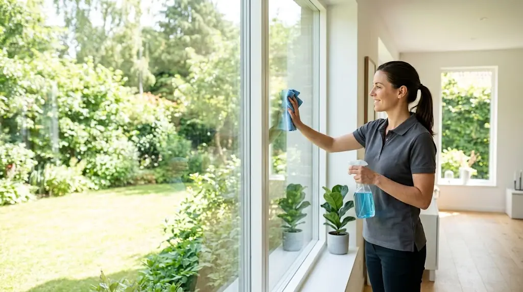 Housekeeper cleaning a window that looks out onto the garden