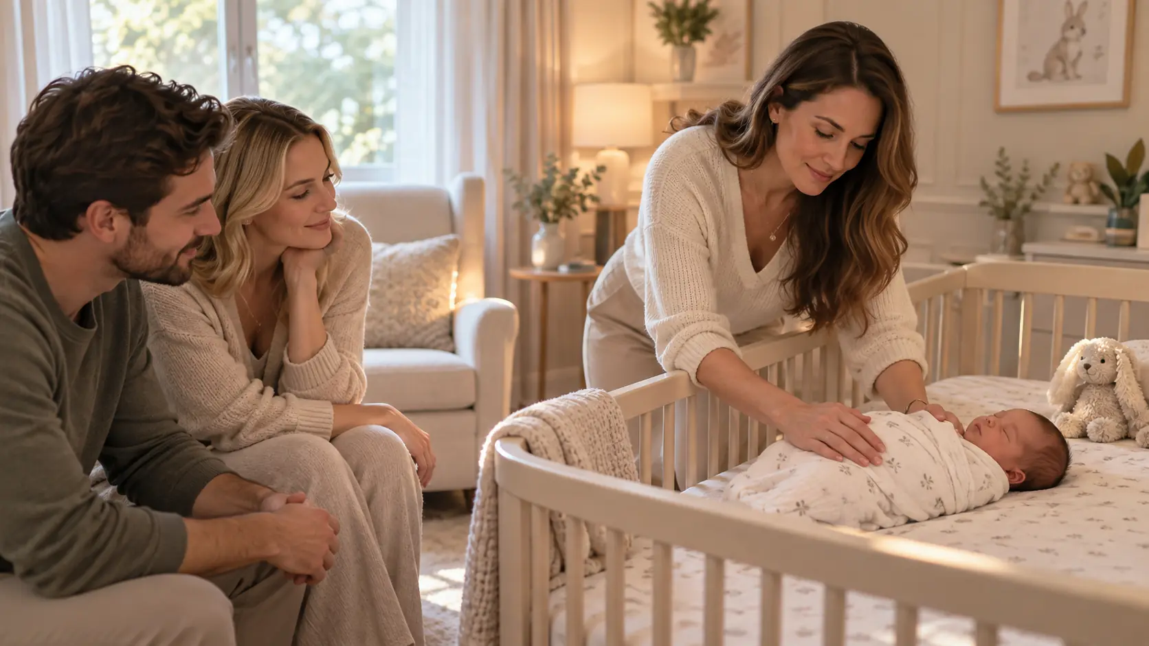 Infant sleep consultant settling a swaddled newborn in a crib as the parents look on