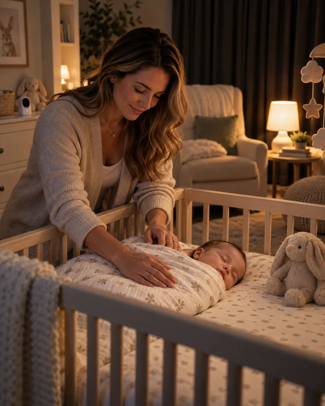 Infant sleep consultant settling a swaddled newborn in a crib in a lamp-lit nursery
