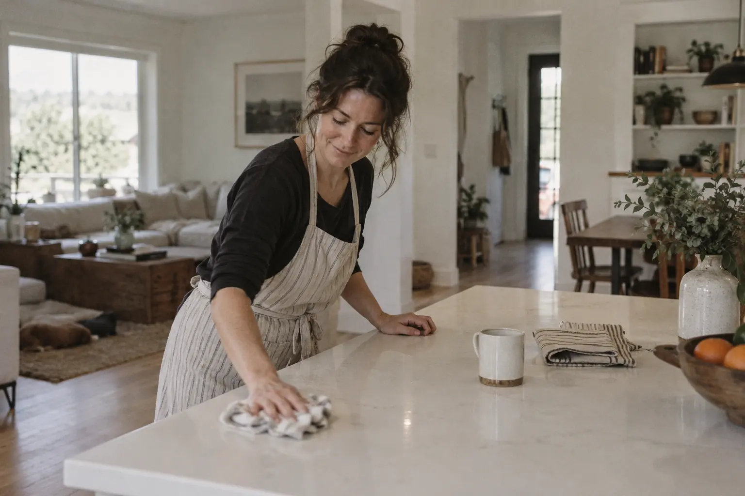 Maid wiping down a kitchen island in a bright family home