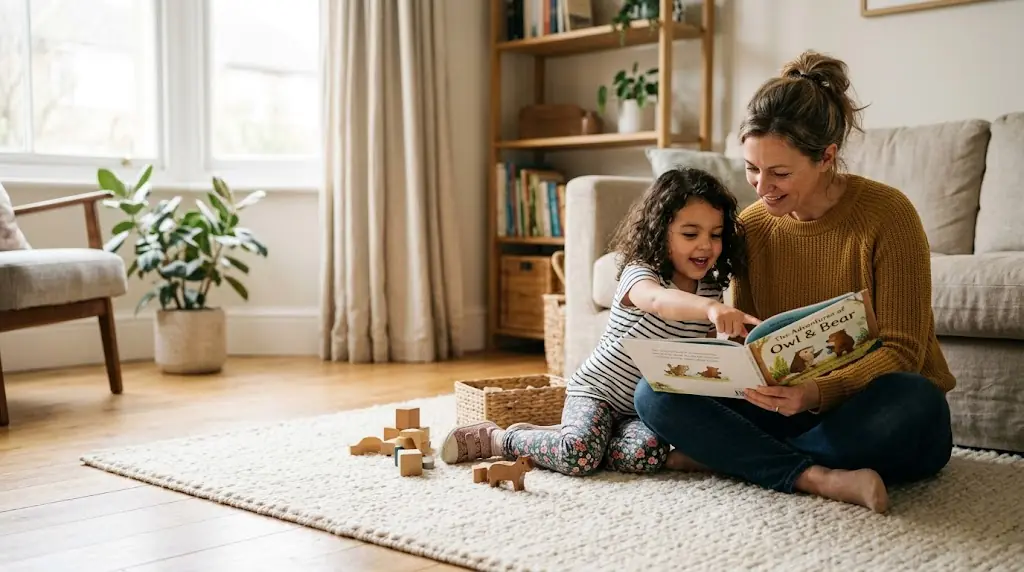 Nanny reading a picture book with a young girl on the living room rug