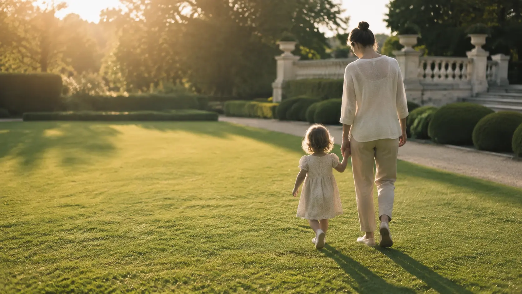 Nanny walking hand in hand with a toddler across a garden lawn
