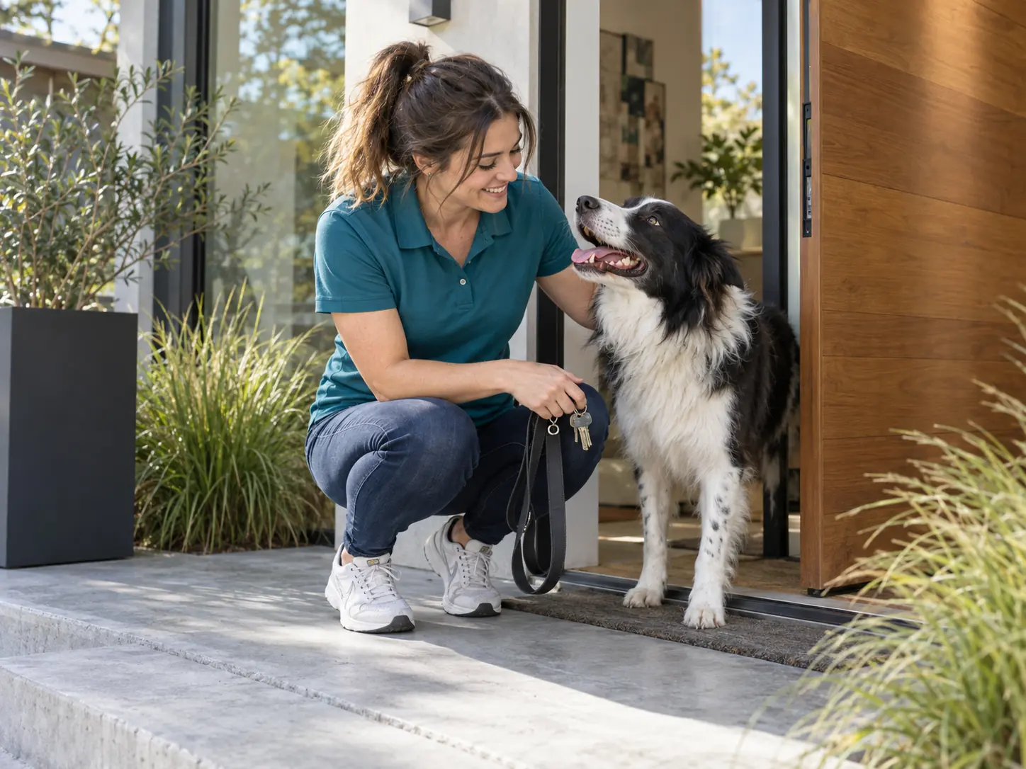 Pet sitter greeting a border collie at the front door