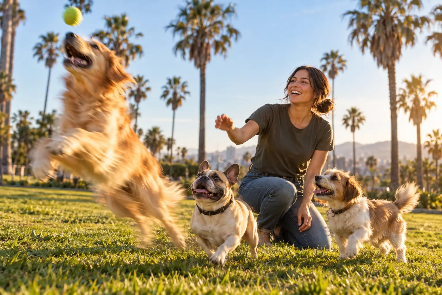 Pet sitter playing with three dogs on a lawn lined with palm trees