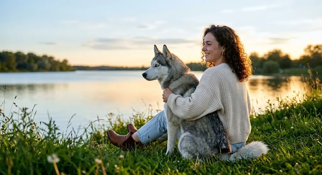 Pet sitter sitting with a husky on the grass by a lake at sunset