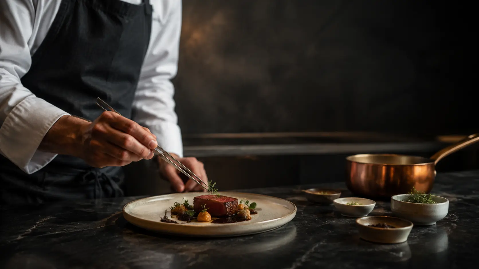 Private chef plating a dish at a dark stone counter